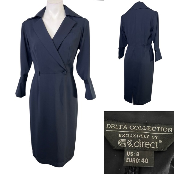 Delta Collection by GK Direct dress size 8 navy blue faux wrap dress office - Picture 1 of 7